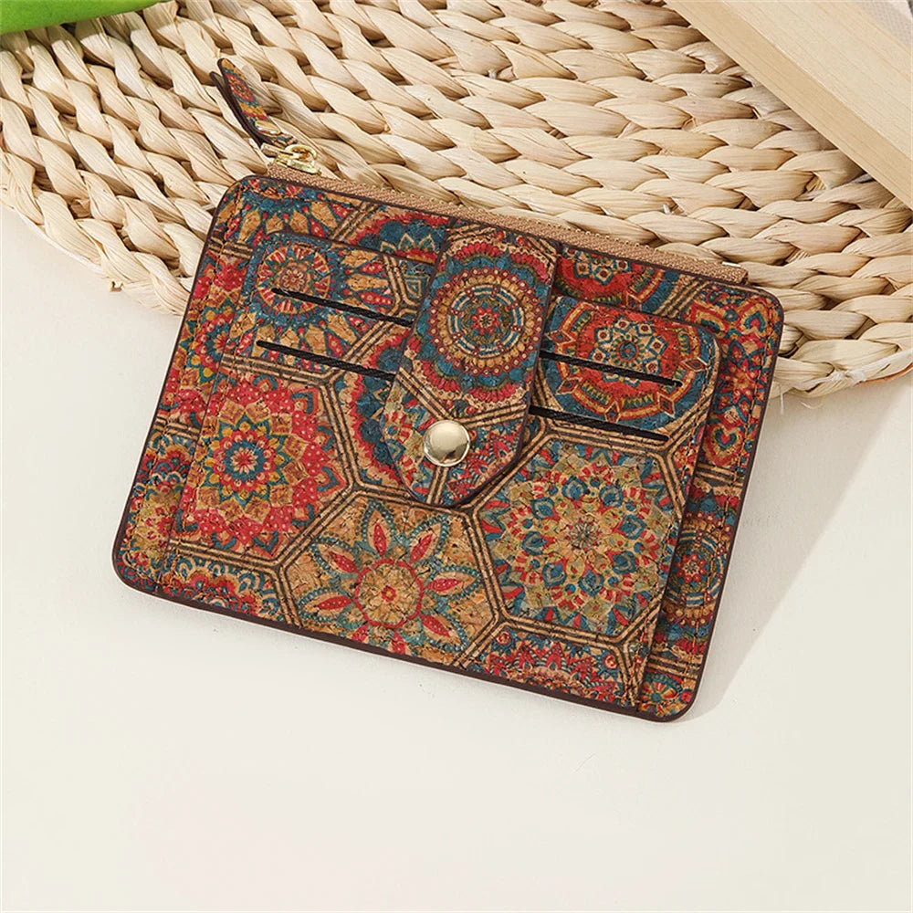 Retro Printed Card Holder Wallet For Woman Multi-Slot Card Case Cork Ultra Thin Zipper Coin Purse Small Change Pocket Pouch