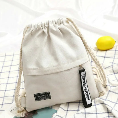 1 Pc Canvas School Bag Double Shoulder Drawstring Backpack Drawstring Pocket Portable Casual Backpack Women Men Travel Backpack