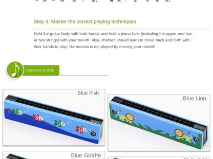 16 Holes Cute Harmonica Musical Instrument Montessori Educational Toys Cartoon Pattern Kids Wind Instrument Gift for Boy Girl