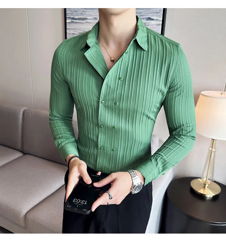 British Style Men Double Breasted Shirt 2023 Autumn New Long Sleeved Striped Slim Fit Shirts Formal Business Social Party Tuxedo