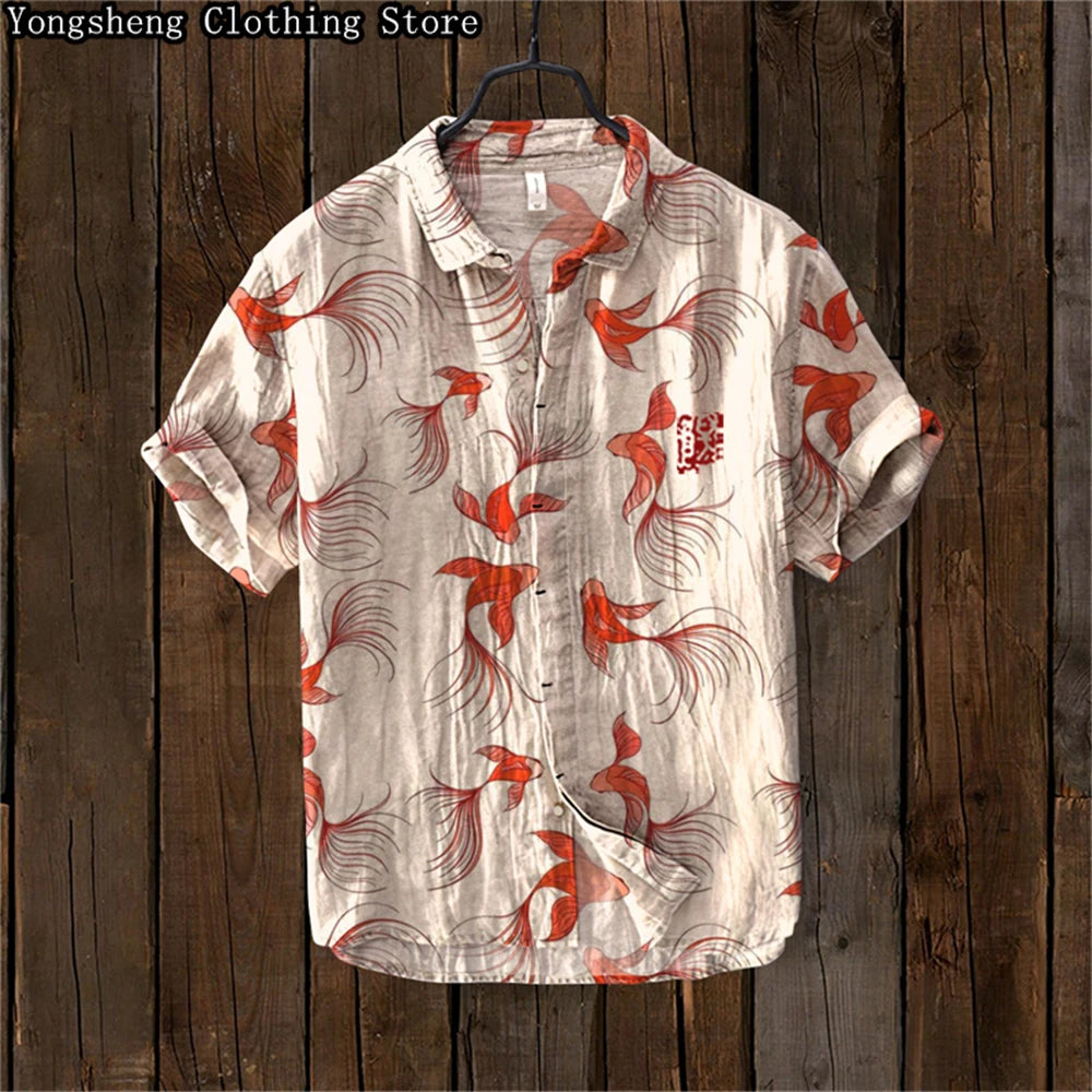 Men's Short Sleeve Linen Printed Shirt 2024 Japan Hot Selling Carp Print Holiday Daily Casual Wear Large Size XS-5XL