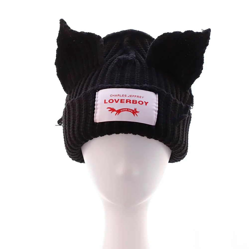 2023 Loverboy Cat Ear Knit Hat solid Warm Pig Ear Woolen Hat Cute Fashion Hooded Cap Niche Design Hip-hop Personality Cold Hat