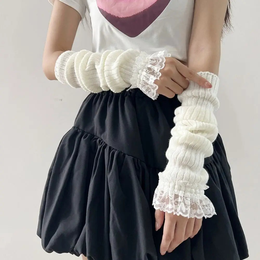 Fingerless Long Wrist Gloves Arm Warmers False Sleeves Knitted Gloves Finger Sleeves Cover Black White Half Finger Gloves