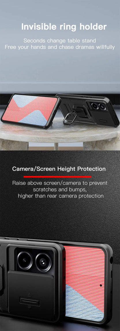 KEYSION Shockproof Case for Redmi Note 13 Pro 5G Slide Camera Lens Protection Ring Stand Phone Cover for Xiaomi Redmi Note 13 5G