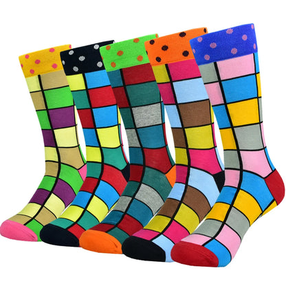 5 Pairs Men Cotton Fashion Color Pattern Happy Unisex Novelty Fun Dress Women Socks