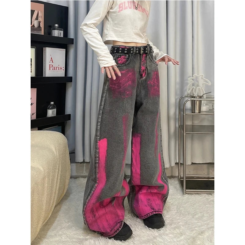 Women Black Gray Jeans Harajuku Vintage Y2k Baggy Tie-Dyed Denim Trousers Harajuku Cowboy Pants 90s Trashy Punk 2000s Clothes