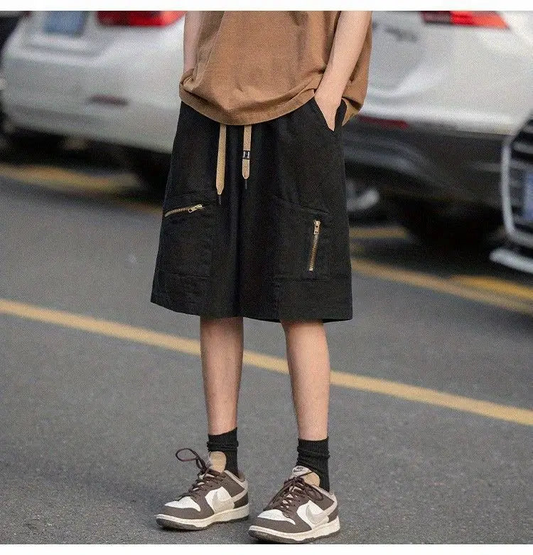 Korean style multi pocket cargo shorts men summer y2k trendy loose and versatile mid pants retro personality casual sports pants