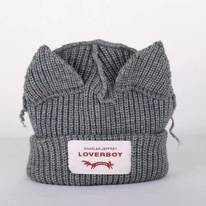 2023 Loverboy Cat Ear Knit Hat solid Warm Pig Ear Woolen Hat Cute Fashion Hooded Cap Niche Design Hip-hop Personality Cold Hat