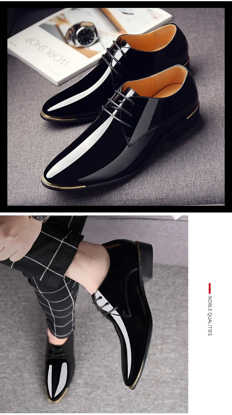 2024 New Men’s Patent Leather Shoes  British Style Men's Dress Shoes Lace Up Pointed Toe Wedding Business Party Social Shoe Male