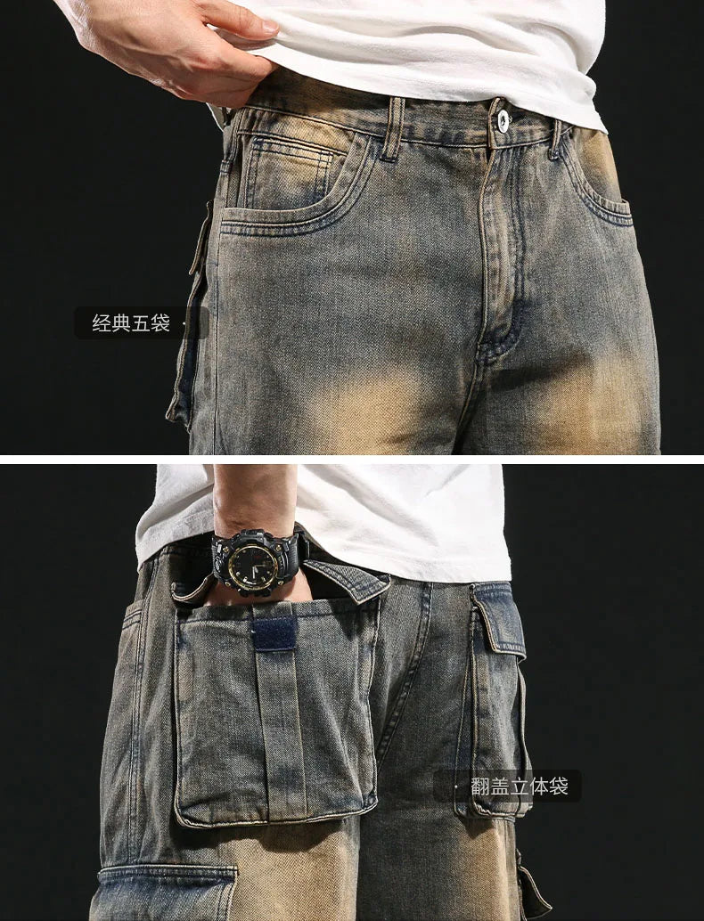 Men's Wide-leg Denim Shorts Multi Pocket 7 Point Work Cargo Jeans Shorts Fat Plus Size Denim Shorts Male