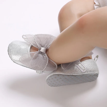 Silver Princess Shoes 0-18M Newborn Casual Shoes Baby Bow Non slip Cloth Bottom Flat Bottom PU Newborn Bow Decoration Mary Janes