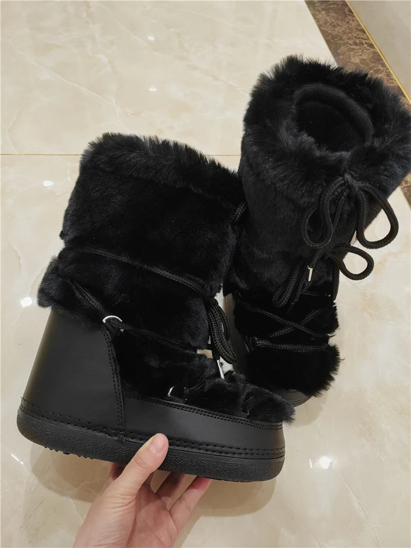 Fluffy Fur Boots 2024 Winter Fashion Sexy Faux Fox Fur Snow Boots Ladies Furry Warm Cotton Boots Female Outdoor Ski Boots