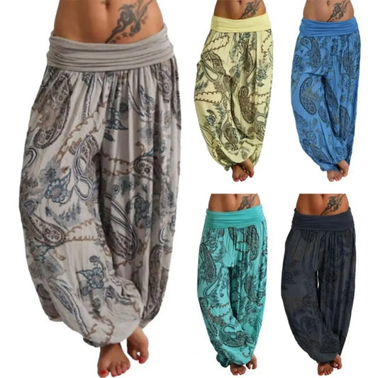 Women Boho Loose Pants Paisley Print High Waist Ankle Tied Harem Pants Baggy Long Bloomers Trousers Female Trousers Pantalones