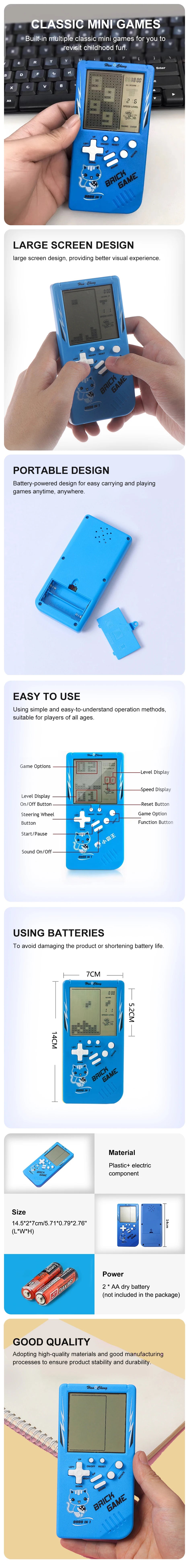 Classic Electronic Game Retro Puzzle Toy Blue Large Screen Handheld Game Console Toys For Children