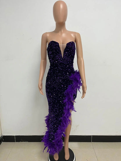 Women Evening Dresses Asymmetrical Shiny Sequins Feather Cocktail Party Dress Sexy Strapless Long Formal Prom Dresses Xiny189