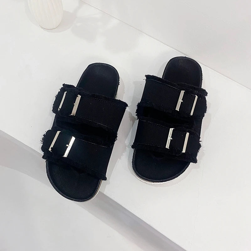 Women's Slippers Flat Bottom Slipper 2023 Summer New Line Slippers Large 43 Denim Leather Buckle Outside Sandals Sandalias