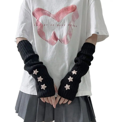 Fingerless Long Wrist Gloves Arm Warmers False Sleeves Knitted Gloves Finger Sleeves Cover Black White Half Finger Gloves