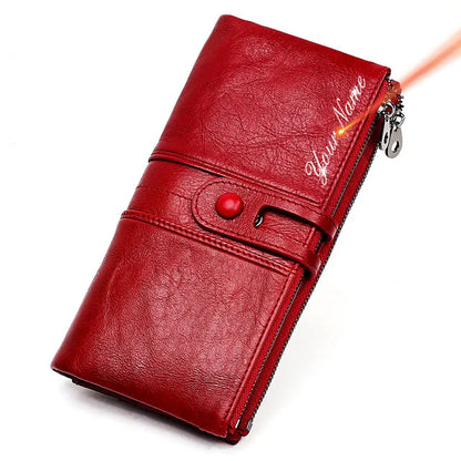 New RFID Long Women Wallets Genuine Leather Name Engraving Zipper Coin Pocket Luxury Female Purse Brand Card Holder Women Wallet