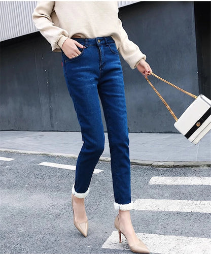 Winter Fleece Lined Denim Pencil Pants Women Thicken Warm Lamb Fluff Jeans High Waist New Slim Vaqueros Big Size 34 Kot Pantolon