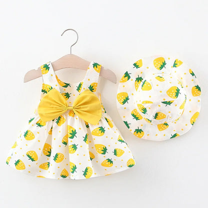 Baby Dress 2024 Summer New Girl's Sweet Bow Dress Children's Strawberry Print Small Fresh Casual Dress+Hat Children's Wear