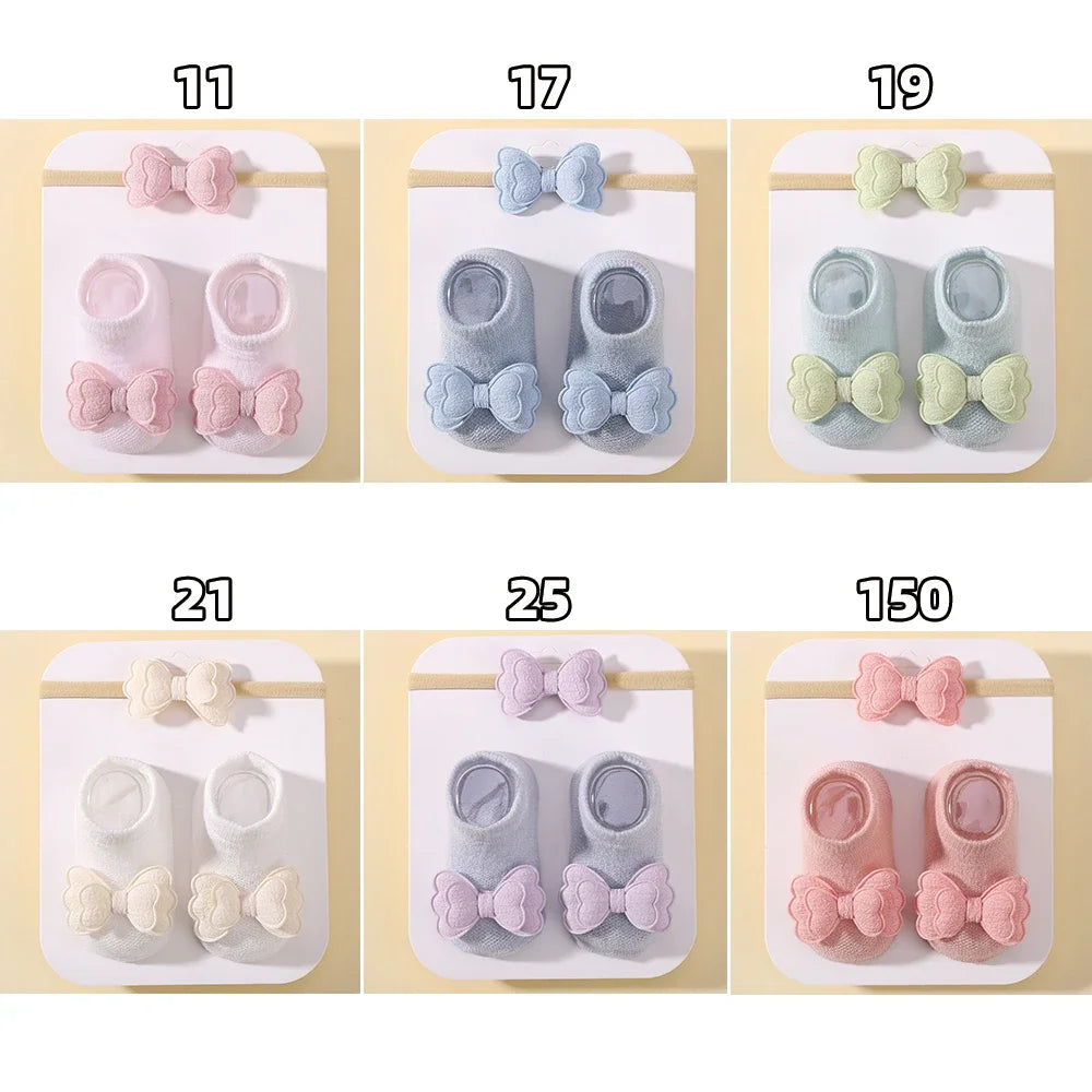 Lovely Baby Bows Socks Set Fresh Candy Color Breathable Short Socks with Sweet Flower Headband Elastic Hairband for Newboen