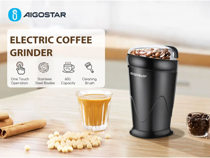 Electric Coffee Grinder with Stainless Steel Blade, Capacity 60Gr, Coffee Grinder for Spices, Seeds, Grains, Nuts, with Cleaning Brush, 200W, Black