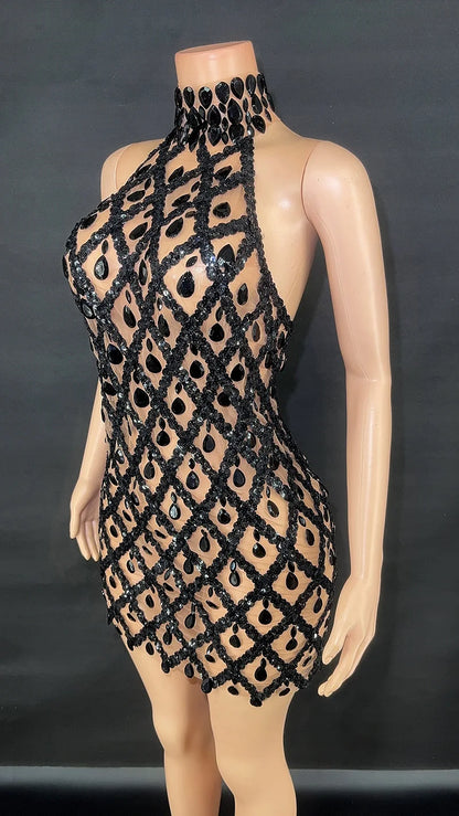 New Mesh Dress Luxury Evening Celebrate Prom Birthday Party Transparent Gold Black Sequins Rhinestones Short Singer Stage Wear