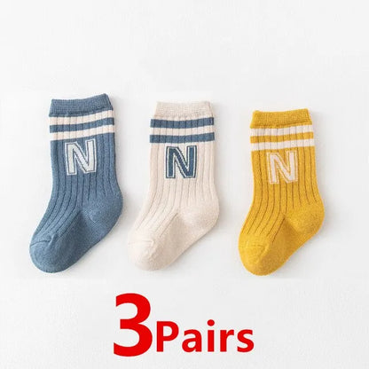 3 Pairs Baby Letter Socks Knit Soft Cotton Sock Kids Long Knee High Socks Infant Toddler Baby Boys Girls Cute Stripe Socks