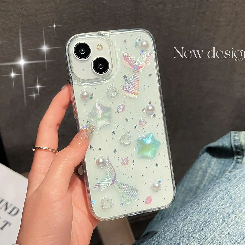 ocean mermaid starfish pearl case for iPhone 11 12 13 14 15 Pro Max 16 Plus clear soft tpu anti-slip glitter back cover