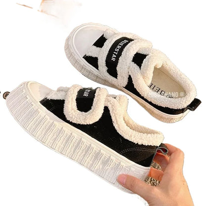 SyfIyno New Winter Women Breathable Warm Sneakers White Black Wool Shoes Sneakers Casual Running Platform Y2K Lolita Shell Shoes