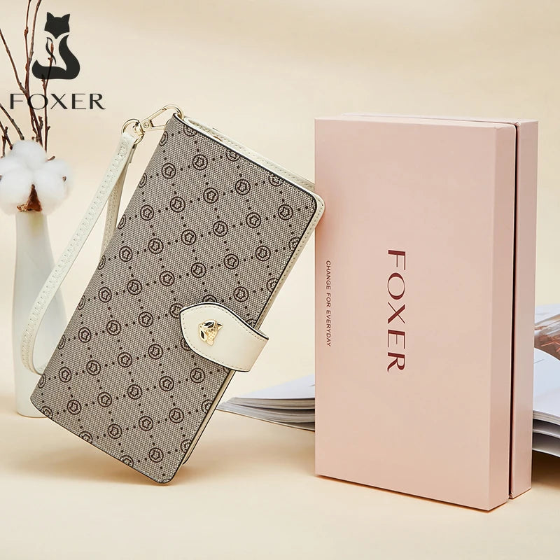 FOXER Women's Long Wallet Card Holder Stylish Money Bag Ladies Monogram Design PVC Leather With Wriststrap Bag Female Coin Purse