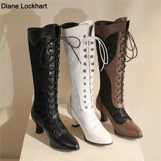 Women Victorian Pointed Toe Mid-Calf Boots Leather Lace Hollow Out Punk Lace Up Strange Steampunk High Heel Shoes Plus Size32-43