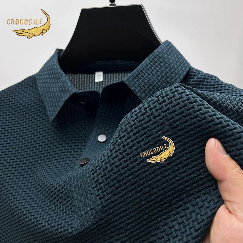 Summer Men's Embroidered CROCODILE Silk Hollow Knitted Short Sleeved Polo Shirt Korean Luxury Fashion Casual Breathable Top