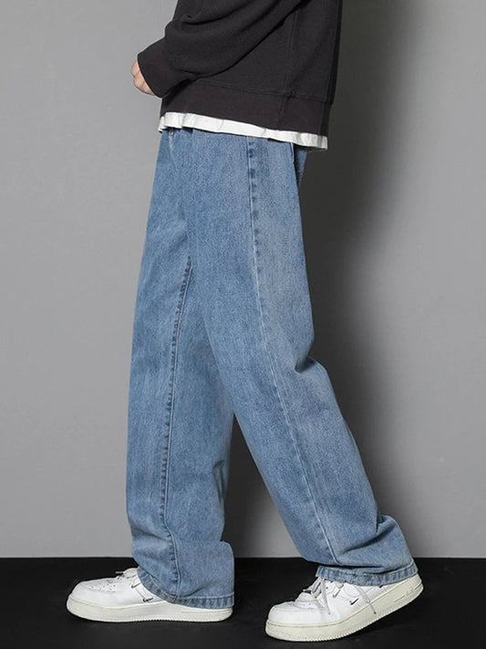 2025 neue Koreanische männer Casual Lange Jeans Klassische Mann Gerade Denim Breite bein Hosen Einfarbig Hellblau grau Schwarz 3XL