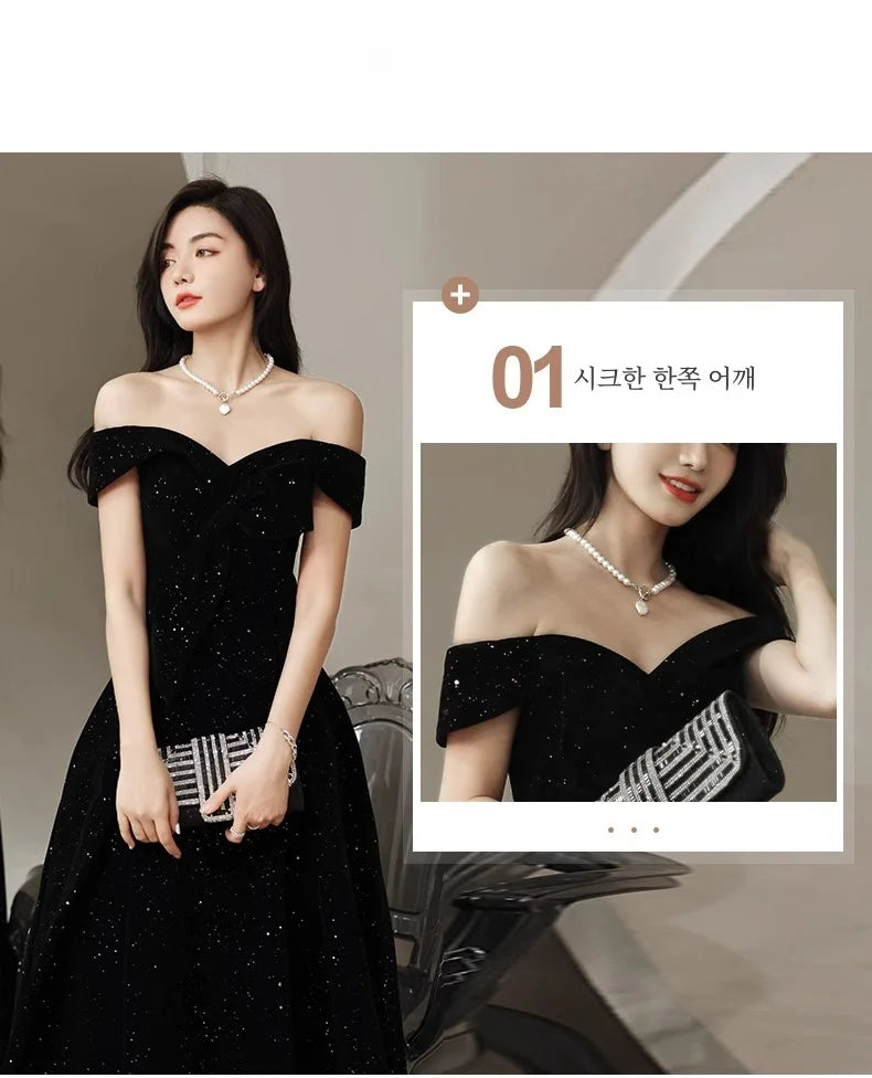 2024 New Arrival Starry Sky Velvet off-Shoulder Black Host Evening Dress Dress Banquet Temperament Winter Long