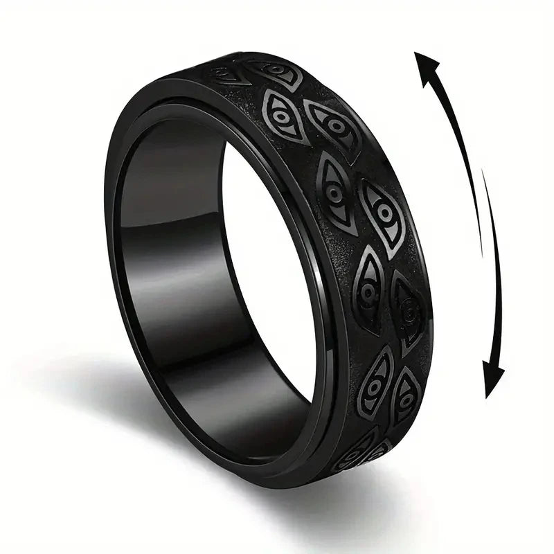 Anti Stress Stainless Steel Spinner Rings For Men Carved Demon Eye Rotatable Fidget Anxiety Joint Ring Jewelry Bague Homme