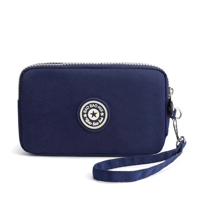 Solid Color Coin Purse Women Handbag Small Wallet Wrinkle Fabric Phone Purse Three Zippers Portable Make Up Bag