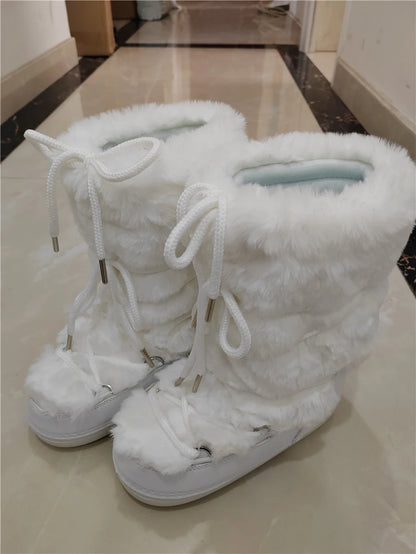 Fluffy Fur Boots 2024 Winter Fashion Sexy Faux Fox Fur Snow Boots Ladies Furry Warm Cotton Boots Female Outdoor Ski Boots