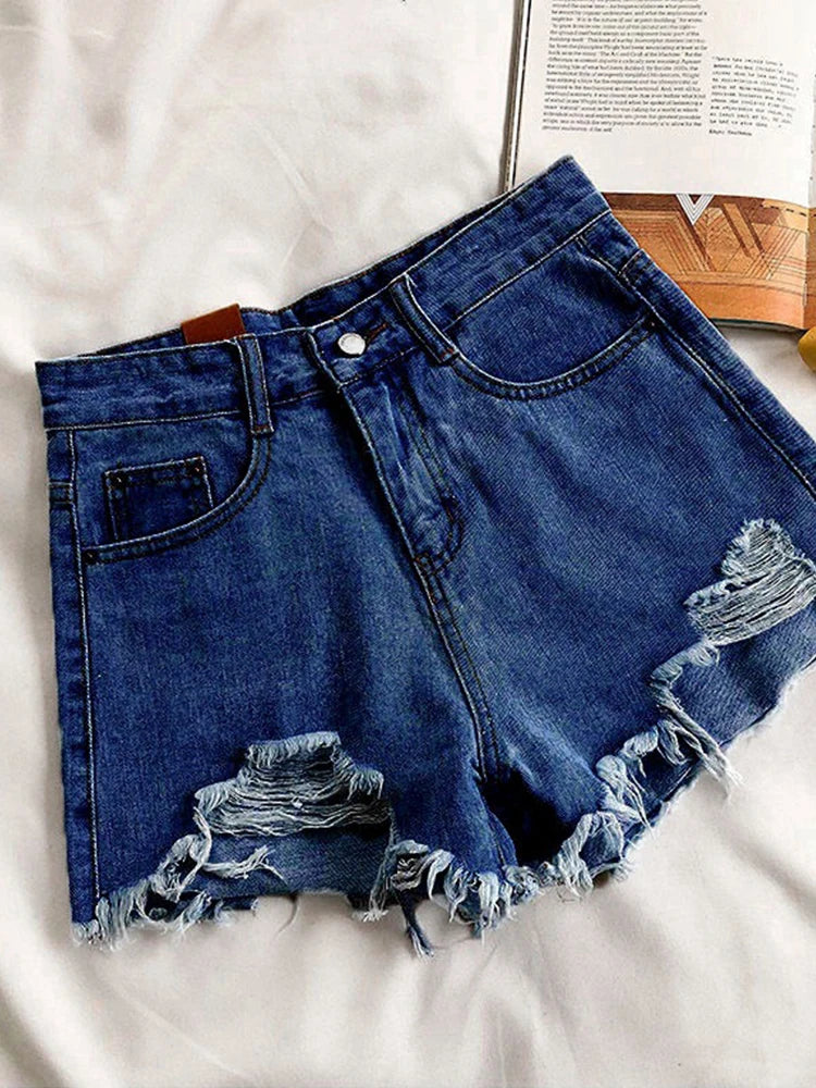 Women's Ripped Jeans Short Pants, Casual High Waist Denim Shorts, Female Clothing, Summer Pocket Hole, 2023