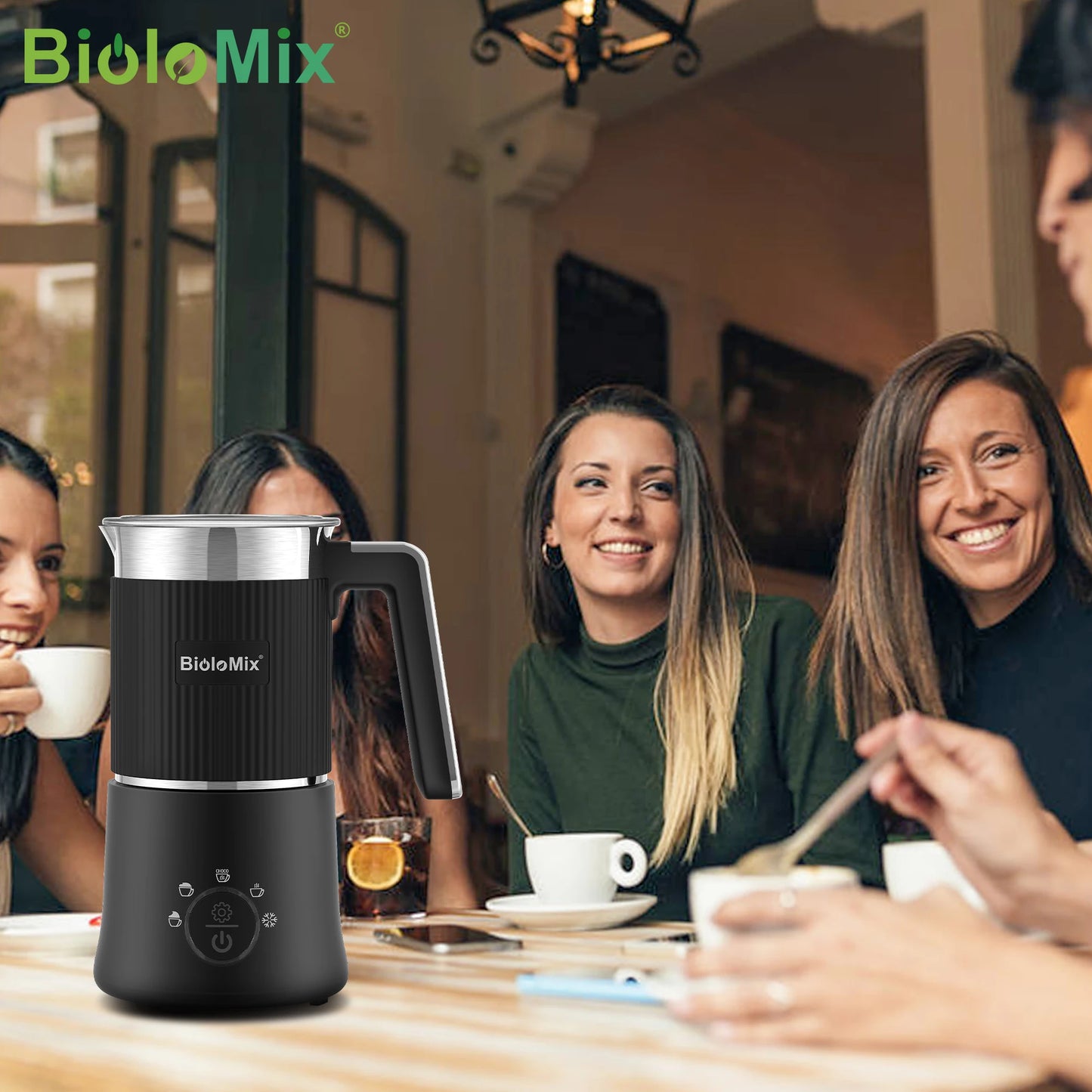 BioloMix Detachable Milk Frother and Steamer,5-in-1 Automatic Hot/Cold Foam and Hot Chocolate Maker,Dishwasher Safe