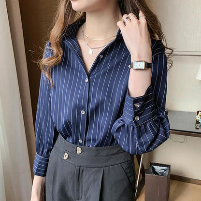 Striped Shirt Women Summer Vintage Chic Loose Long Sleeve Top Y2K Office Ladies Fashion Casual Turn Down Collar All Match Blouse