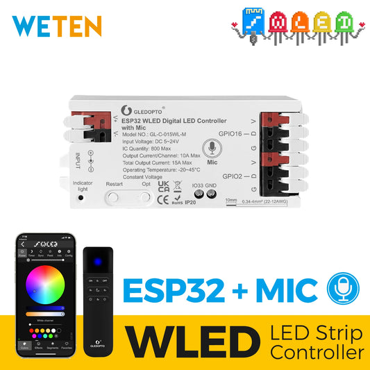 WLED-Controller ESP32 mit Mikrofon, Sound Reactive Music Sync, 5 V, 12 V, 24 V, WLED-Fernbedienung optional, funktioniert mit Alexa