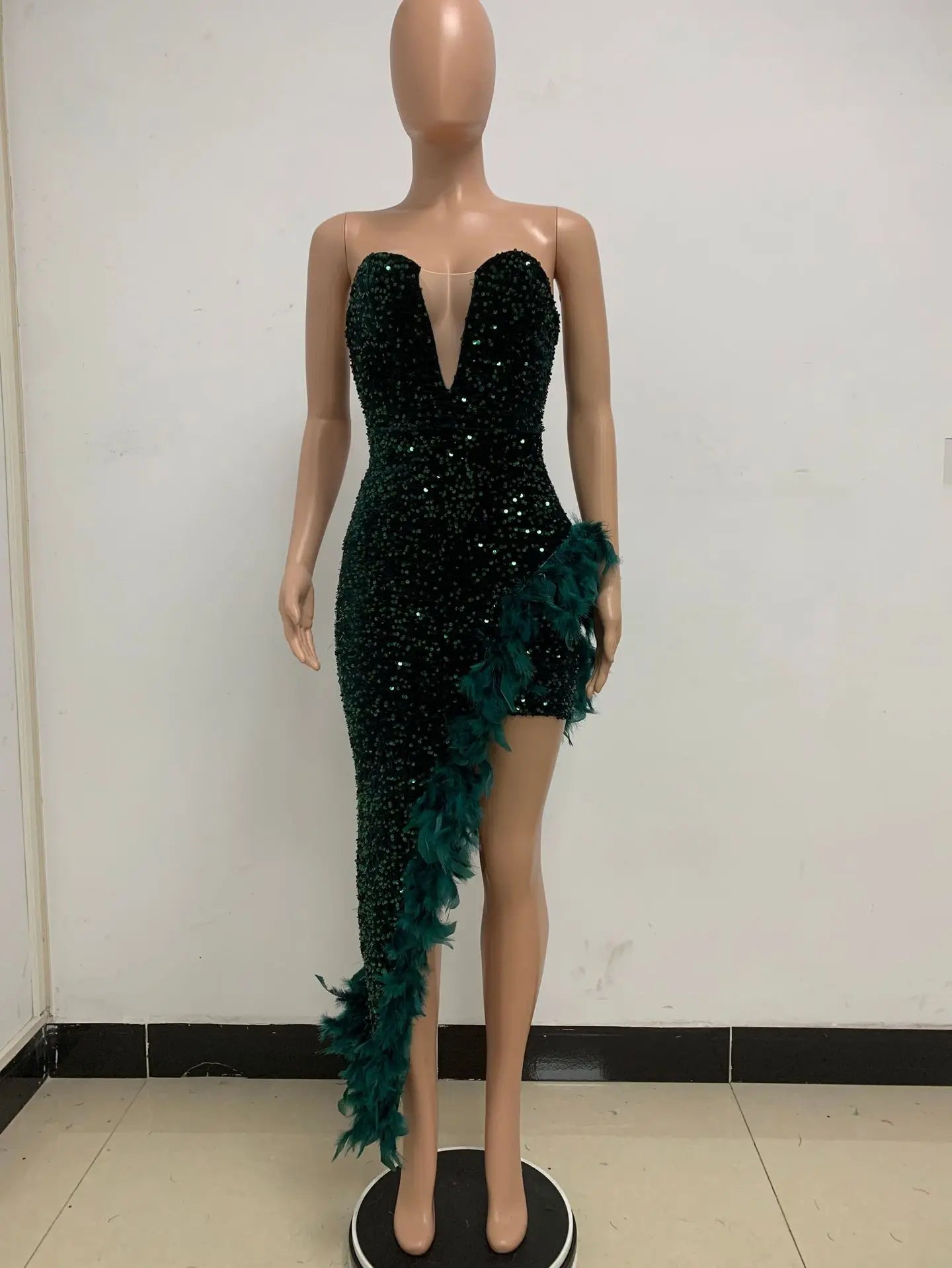 Women Evening Dresses Asymmetrical Shiny Sequins Feather Cocktail Party Dress Sexy Strapless Long Formal Prom Dresses Xiny189