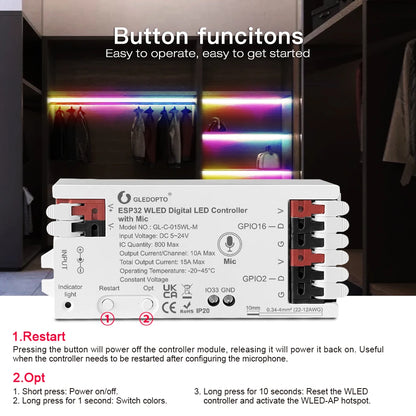 WLED Controller ESP32 with Microphone Sound Reactive Music Sync 5V 12V 24V WLED Remote Control Optional, Work with Alexa