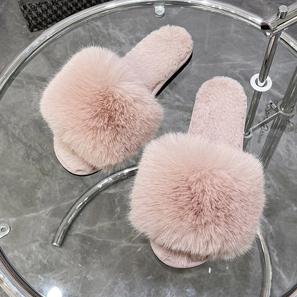 New Woman Slippers Winter Simple Word Fur Flats Soft Home Women Slippers Faux Fur Warm Bedroom Leisure Female Shoes