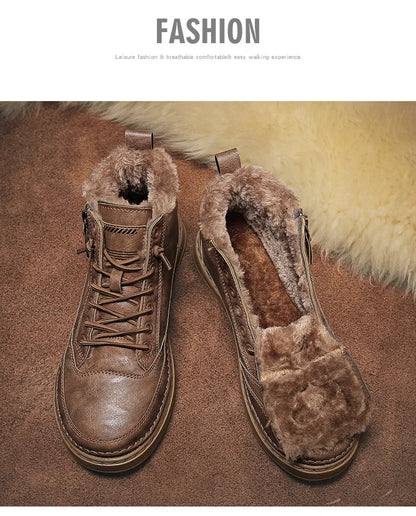 Leather Men's Boots 2023 Winter Platform Warm Fur Ankle Short Lace Up Fashion Novelty Concise Casual Work Shoes Botas 2023