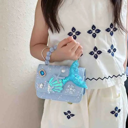 Mermaid Children's Pearl Handbag, Starfish Shell Butterfly Princess Accessories Shoulder Bag, Kawaii Cute Girls Crossbody Purse