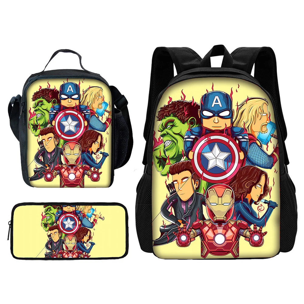 Cartoon Man M-Marvels Iron 3 pcs set Child School Backpack with Lunch Bags ,Pencil Bags School Bags for Boys Girls Best Gift