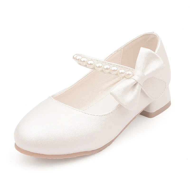 White Bow Spring and Autumn Girls High Heel Princess Shoes Pearl Tide Pumps