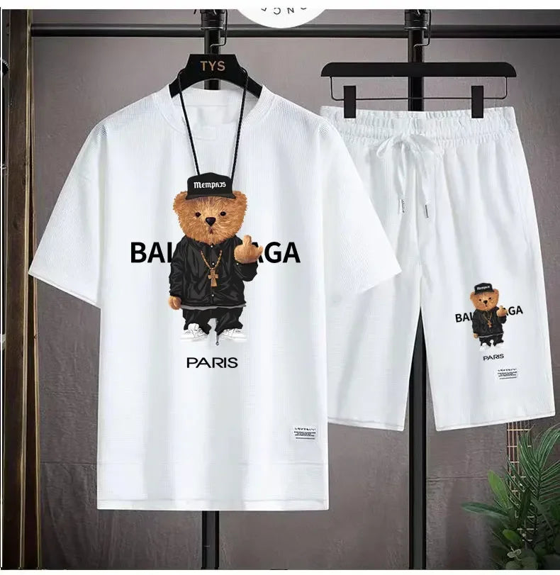 2024 Korean fashion Printed bear T-Shirts Shorts Men's Sets Luxury leisure 2 Piece Outfit Streetwear Summer Quality Tracksuit